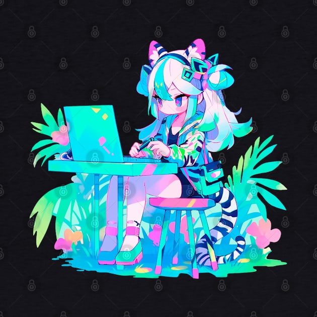 Cute zebra girl is working on a laptop by Chromatic Currents